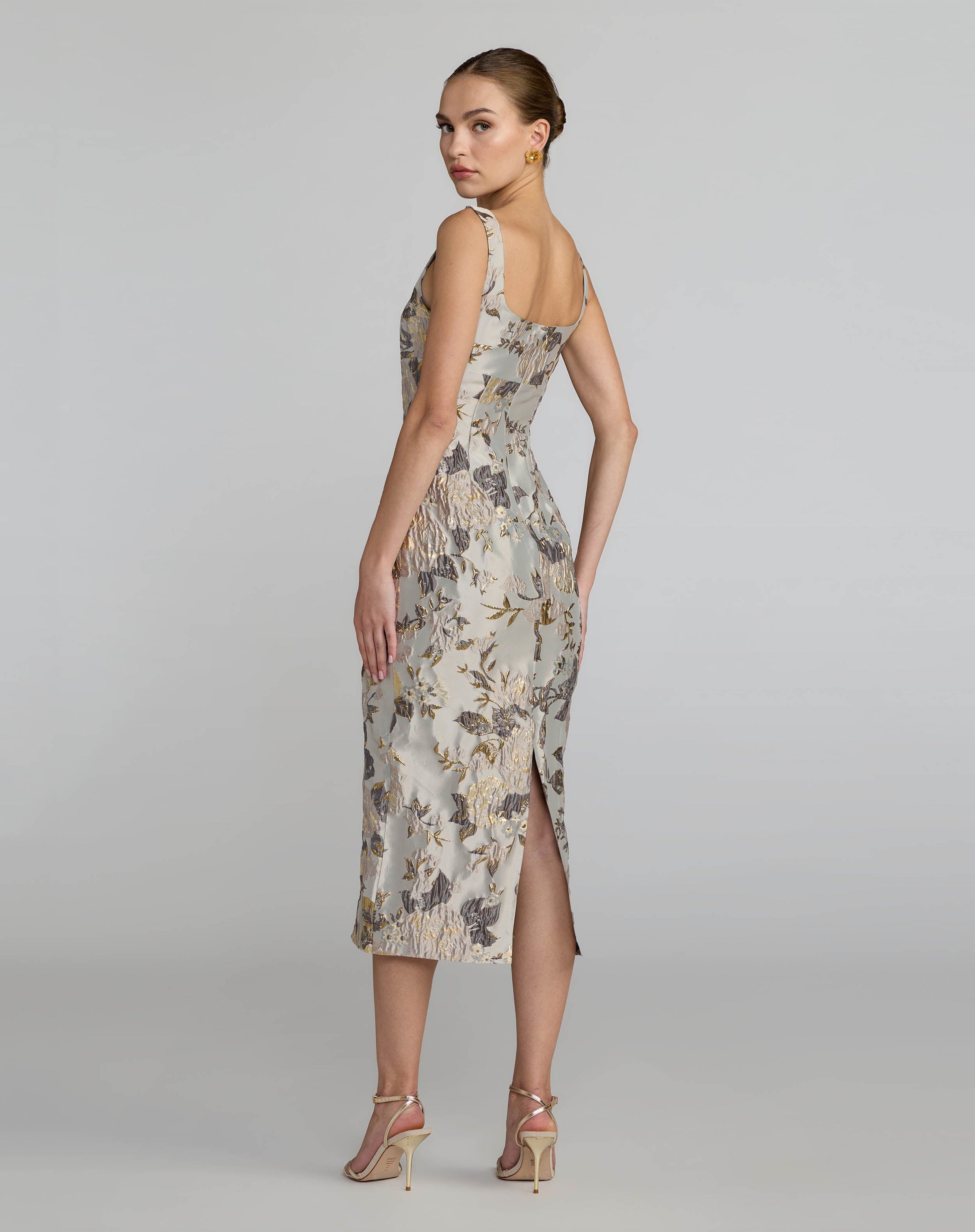 Silver Floral Square Neck Midi Dress - Back