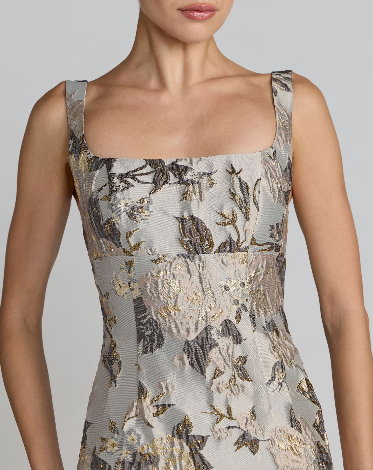 Silver Floral Square Neck Midi Dress - Close Up