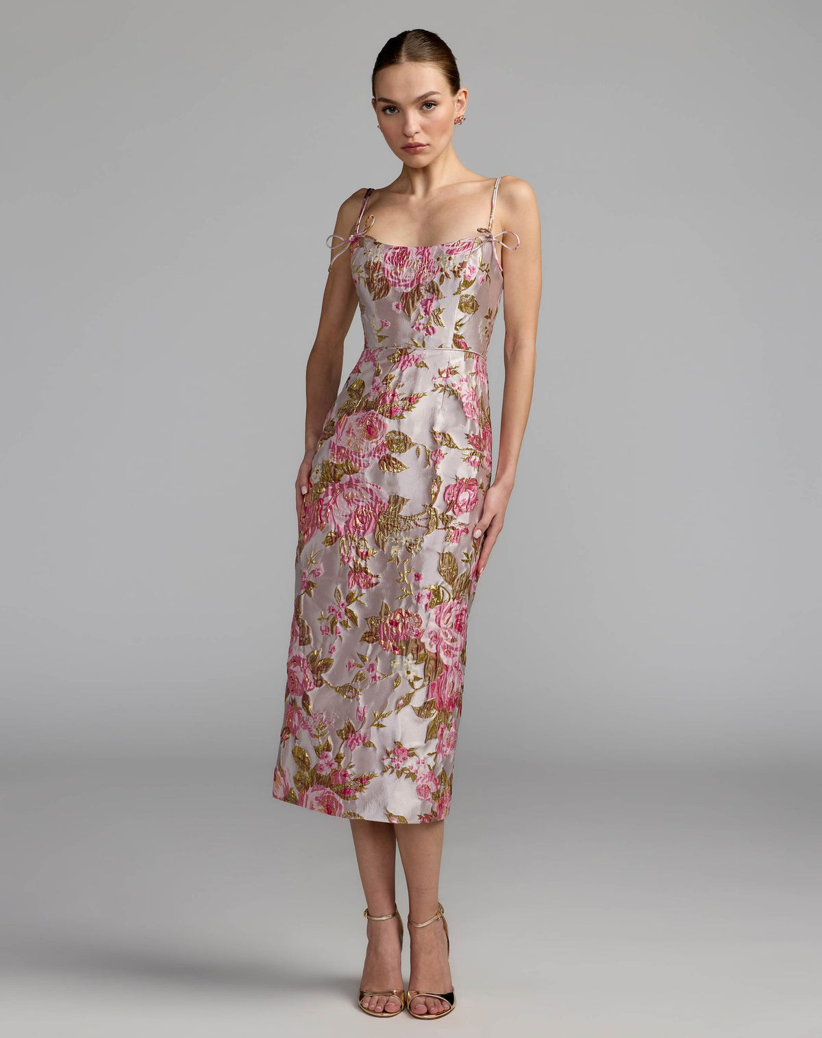Mac Duggal Light Pink Floral Brocade Bow Strap Midi Dress #69153 Pink Multi