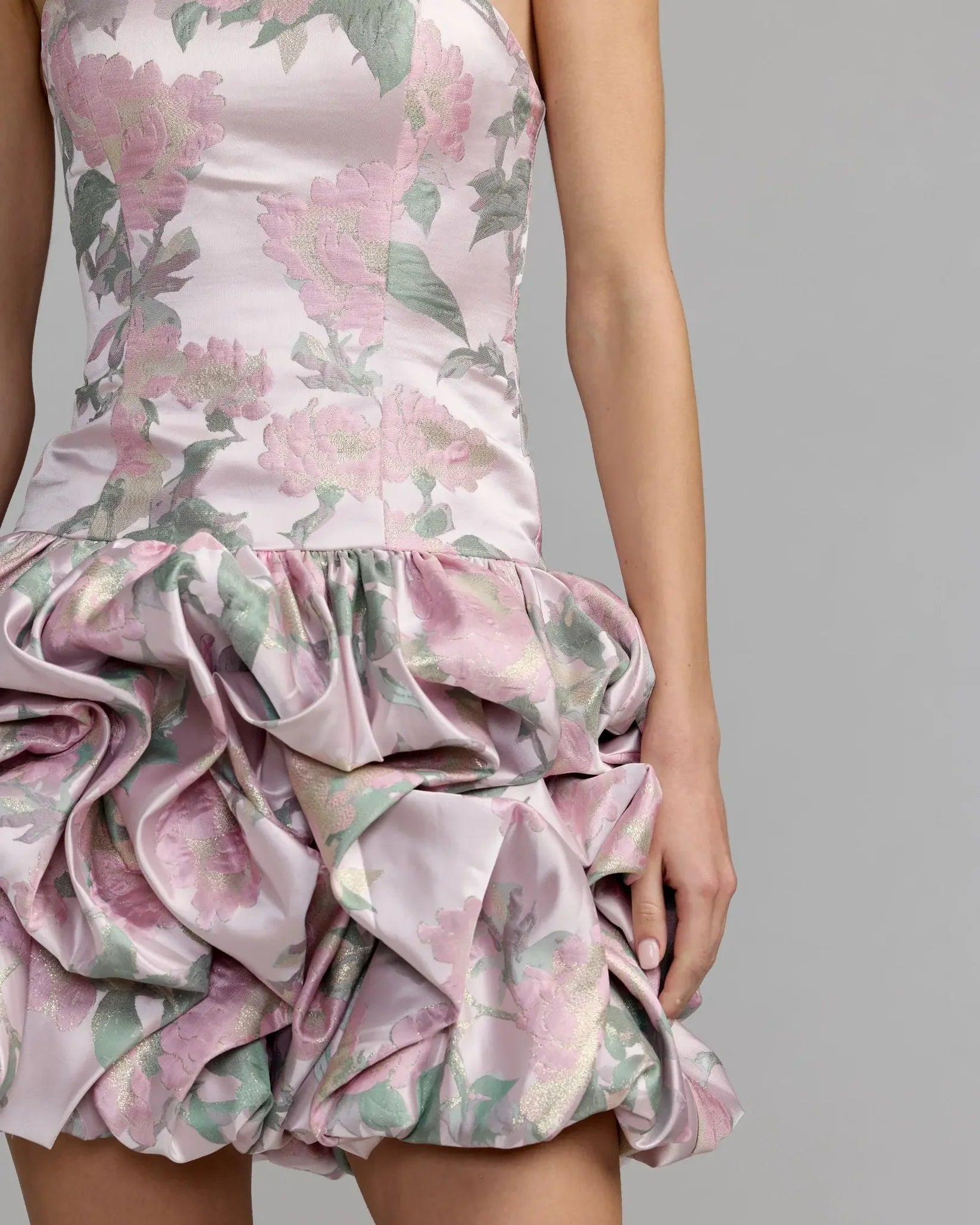 Blush Multi Brocade Bubble Hem Skirt Strapless Mini Dress