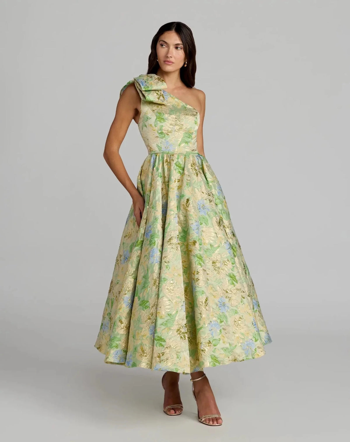 Green Multi Brocade One Shoulder Bow Detail Midi Dress