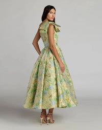 Green Multi Brocade One Shoulder Bow Detail Midi Dress