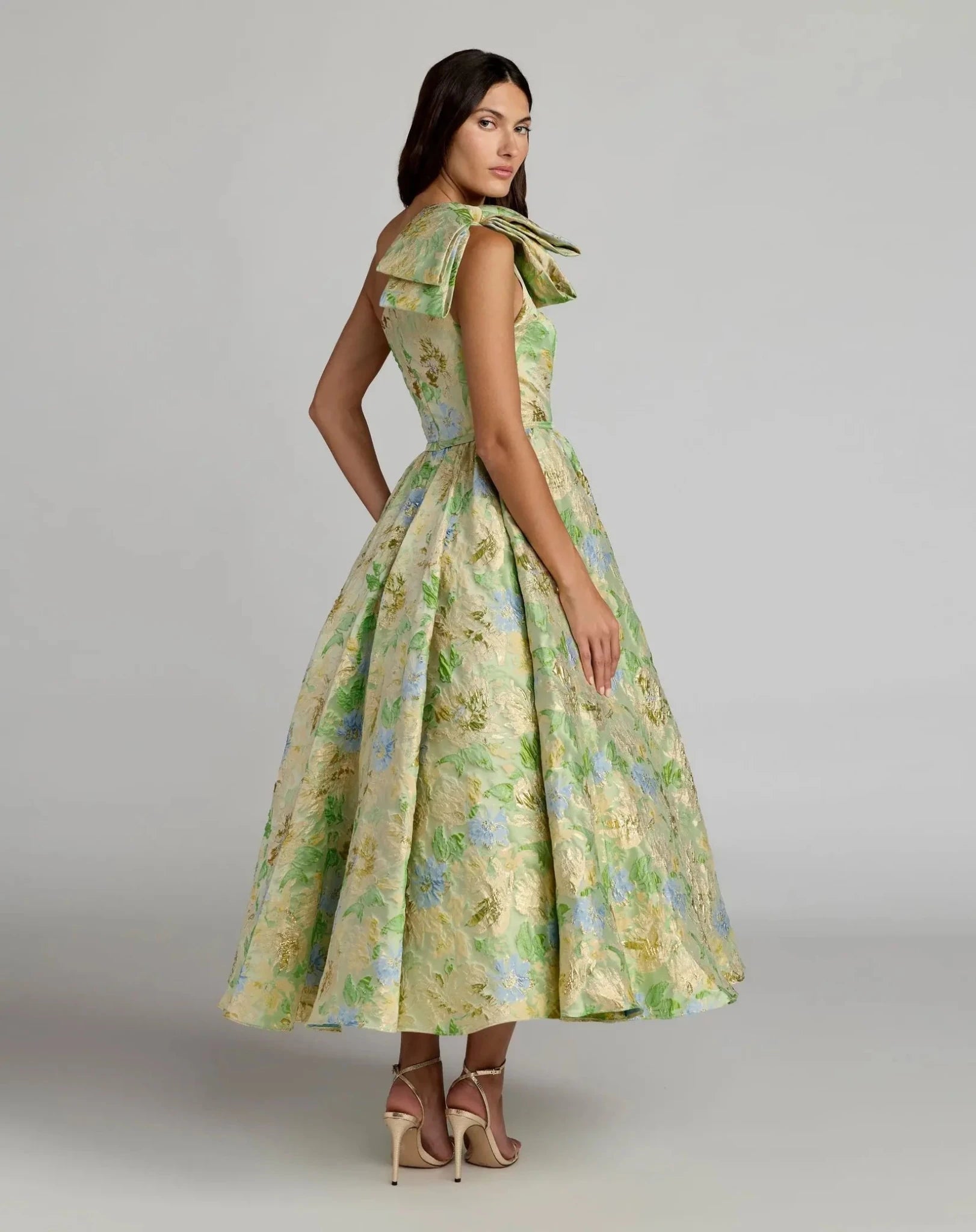 Green Multi Brocade One Shoulder Bow Detail Midi Dress