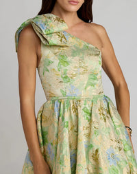 Green Multi Brocade One Shoulder Bow Detail Midi Dress