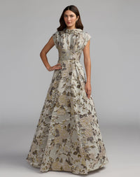 Floral Brocade Cap Sleeve Ball Gown