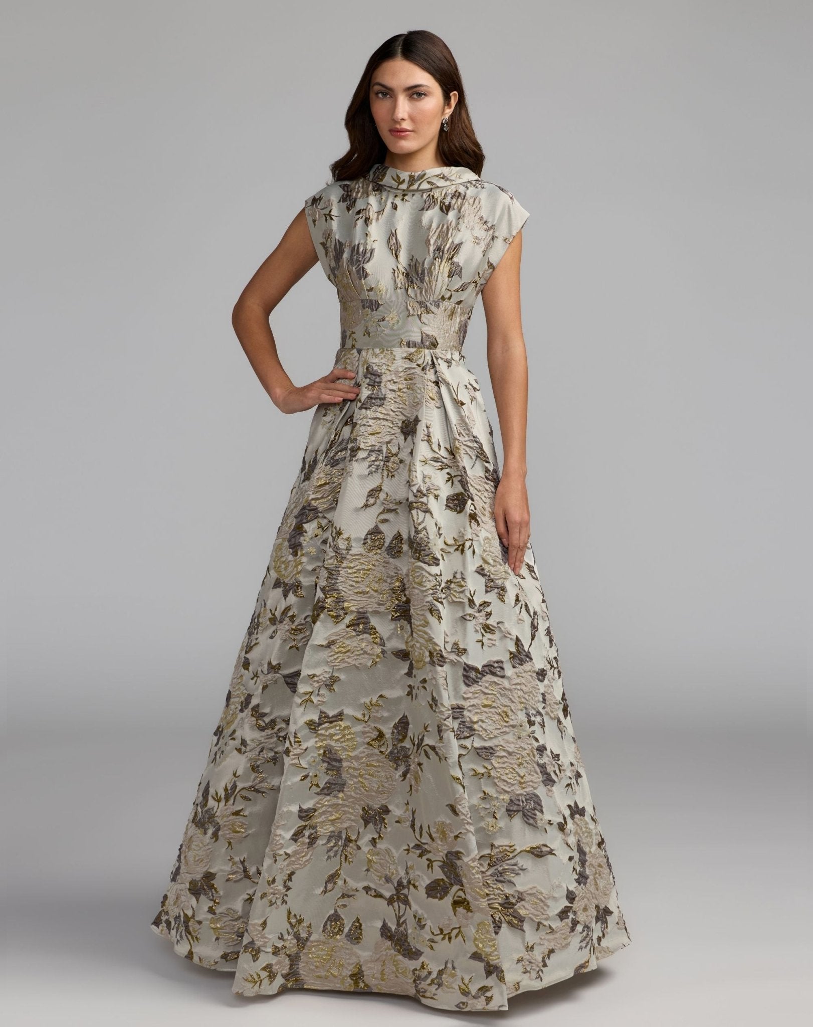 Floral Brocade Cap Sleeve Ball Gown