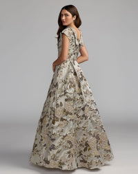 Floral Brocade Cap Sleeve Ball Gown