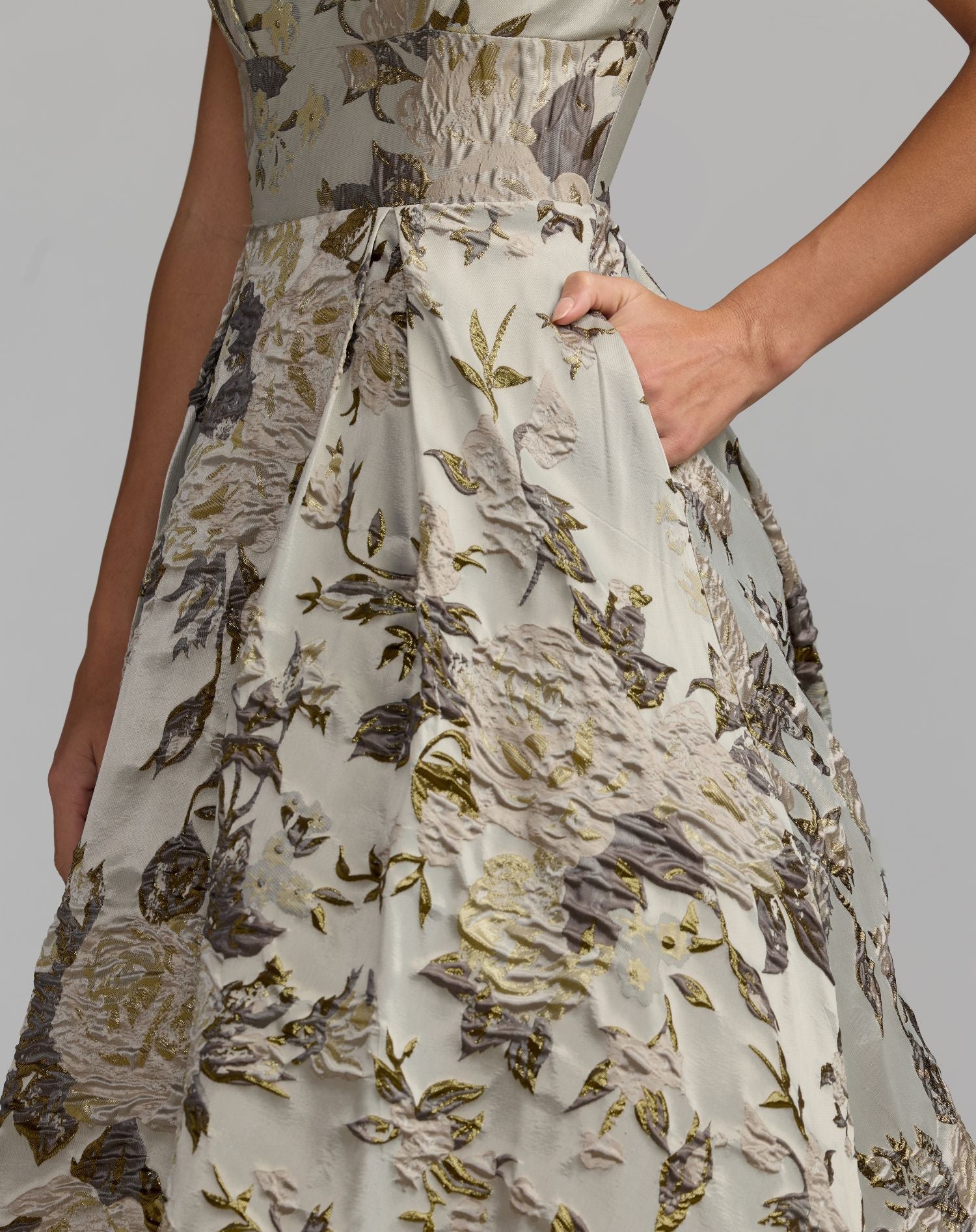 Floral Brocade Cap Sleeve Ball Gown