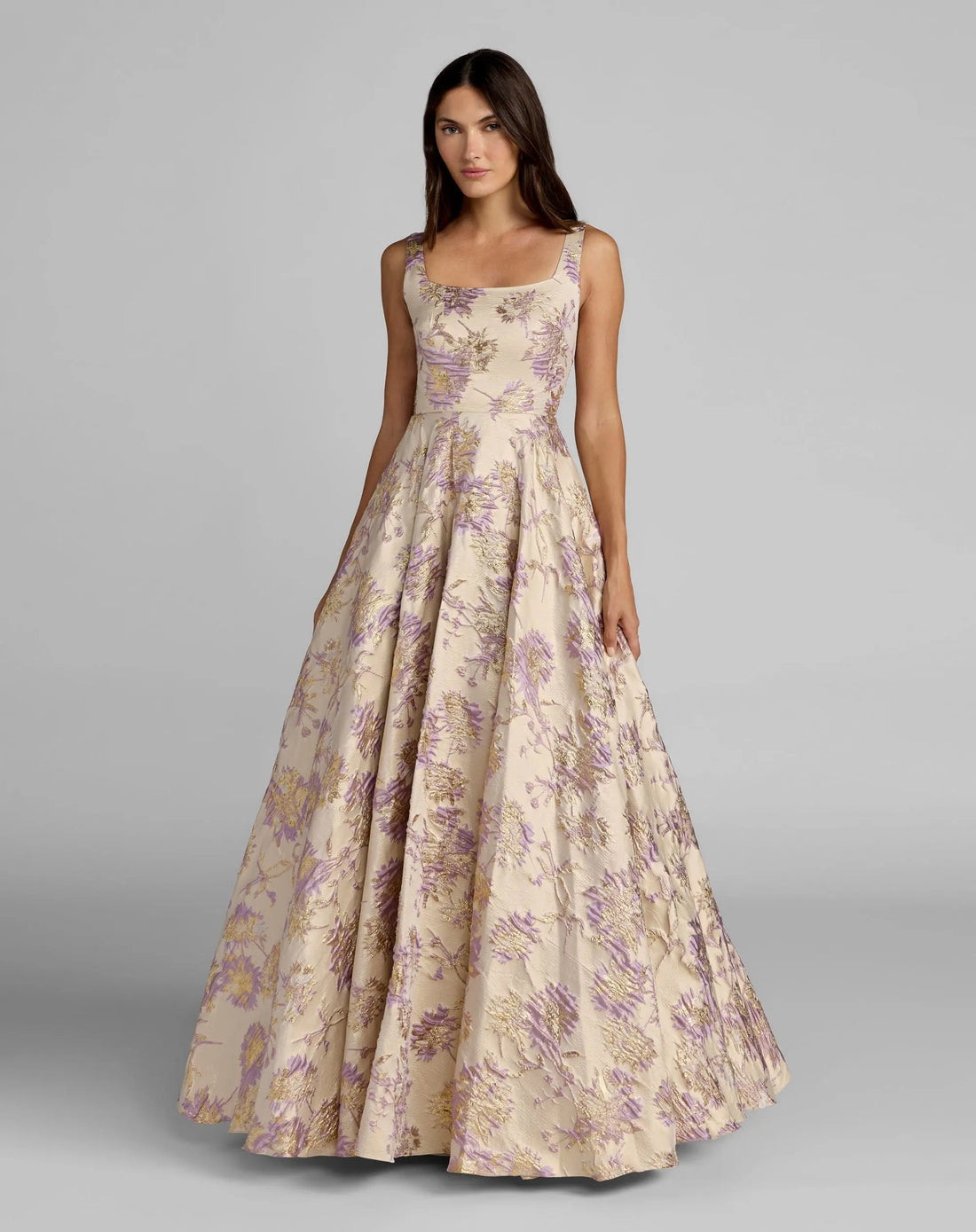 Mac Duggal Beige Sleeveless Square Neck Brocade Ball Gown Champagne Multi Style #69163