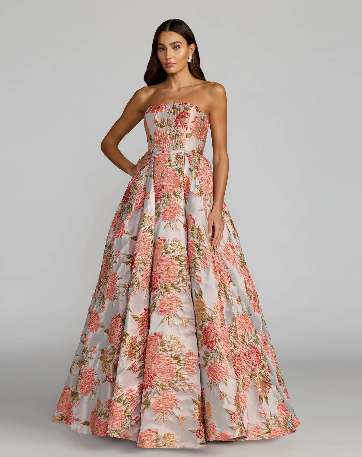 Strapless-formal-brocade-dress-with-pockets-and-watercolor-floral-pattern