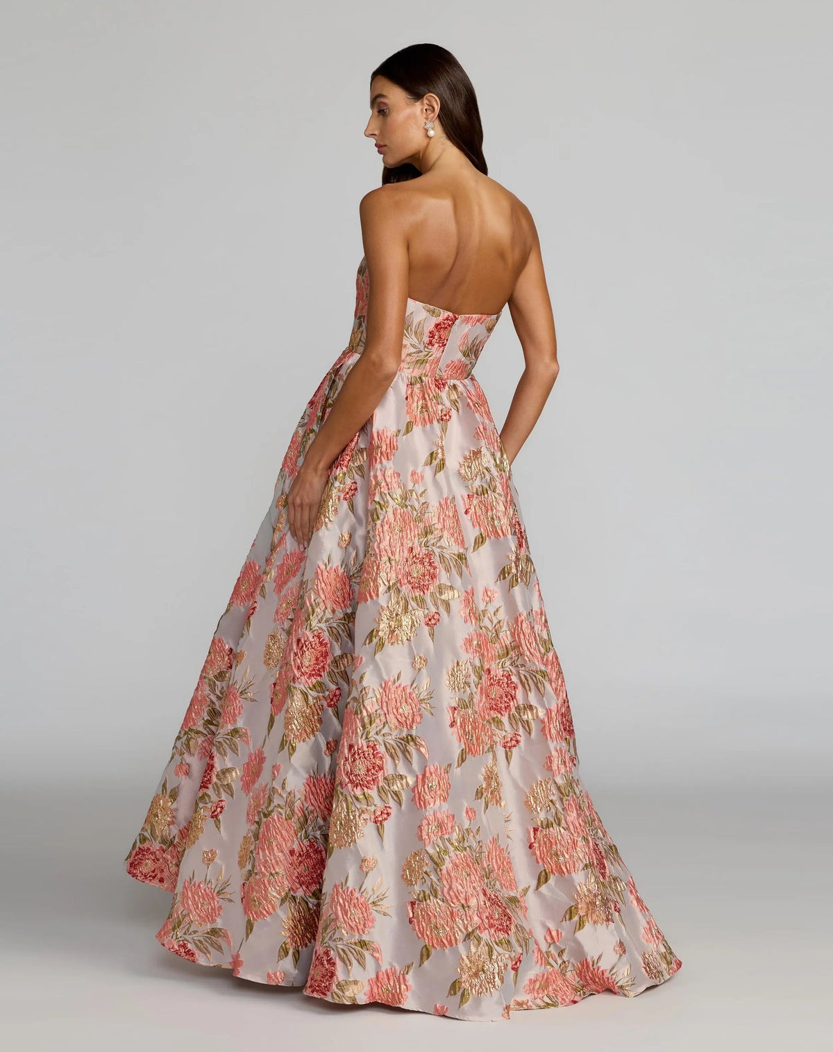 Pastel-multi-strapless-floral-brocade-gown-with-metallic-gold-detail-front