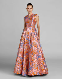 Brocade Cap Sleeve Ball Gown