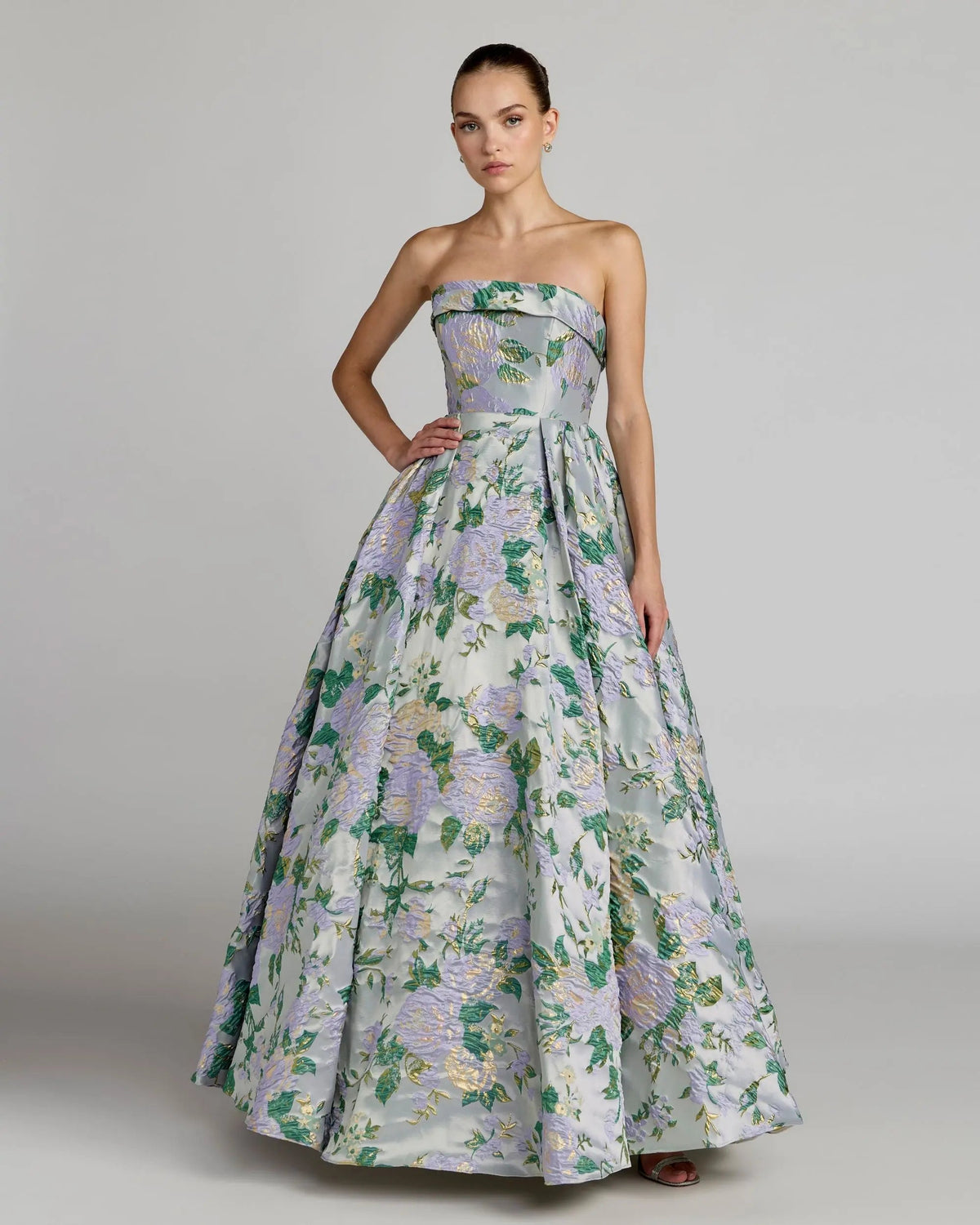 Mac Duggal 69172 Lilac Multi strapless floral brocade ball gown - Front