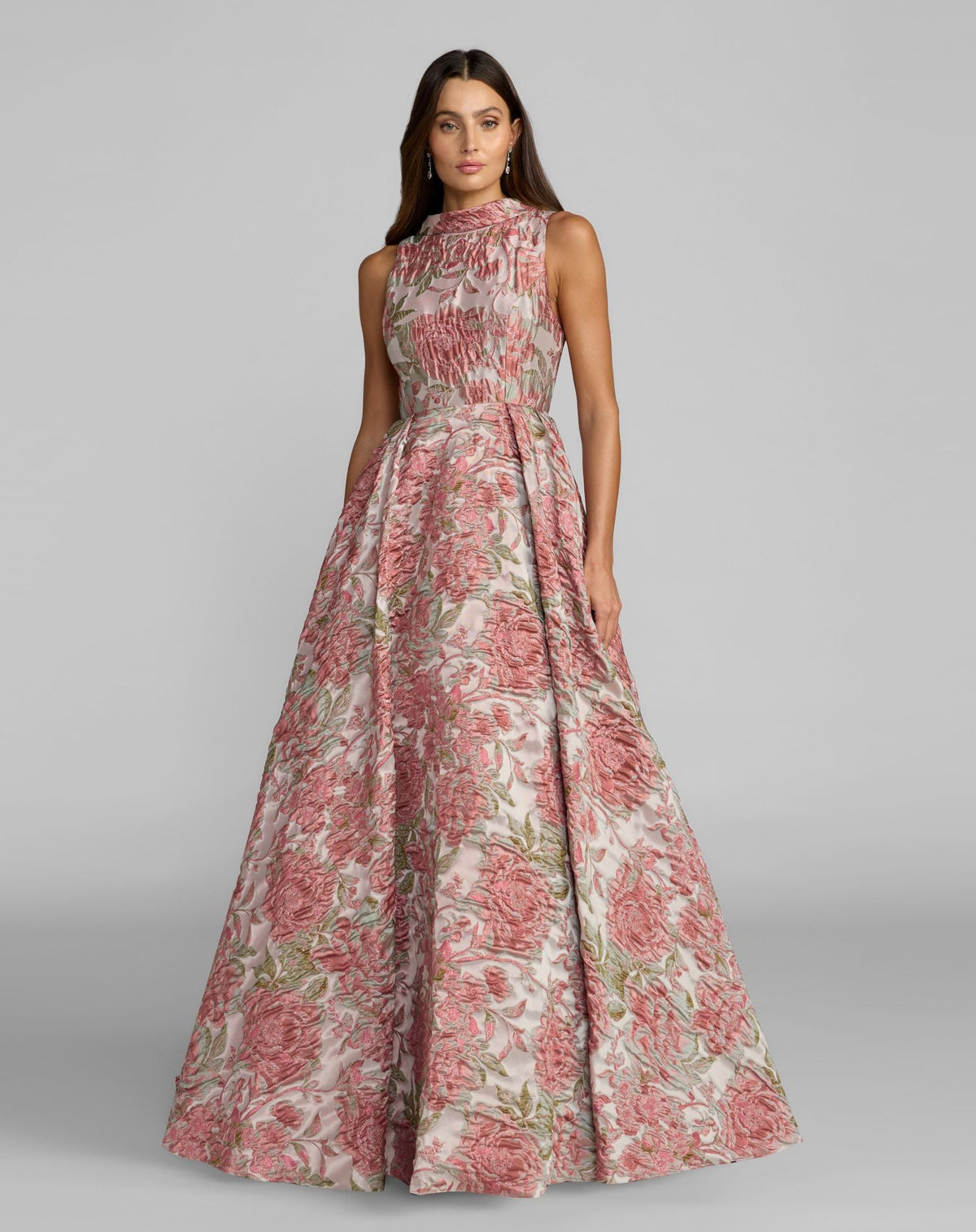 Mac Duggal #69177 Floral Brocade Reverse Collar A Line Ballgown Rose