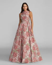 Mac Duggal #69177 Floral Brocade Reverse Collar A Line Ballgown Rose