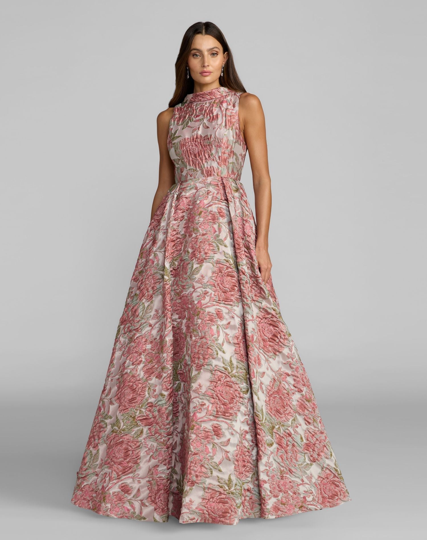 Mac Duggal #69177 Floral Brocade Reverse Collar A Line Ballgown Rose