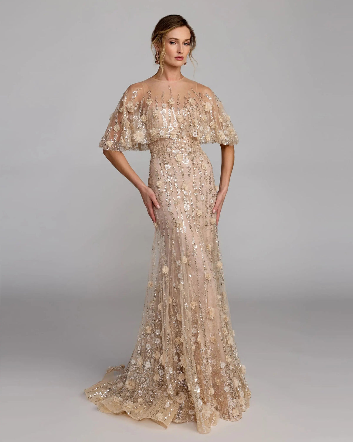 Mac Duggal Beige Embellished Cape Sleeve Gown #69188 Almond Gold