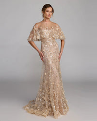 Mac Duggal Beige Embellished Cape Sleeve Gown #69188 Almond Gold