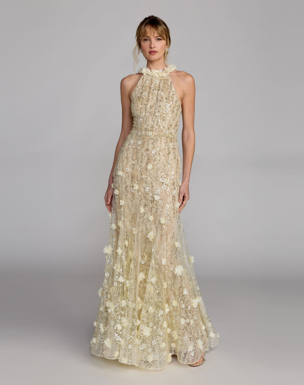 Mac Duggal Beige Embellished Lace Halter Neck Mermaid Gown #69189 Butter