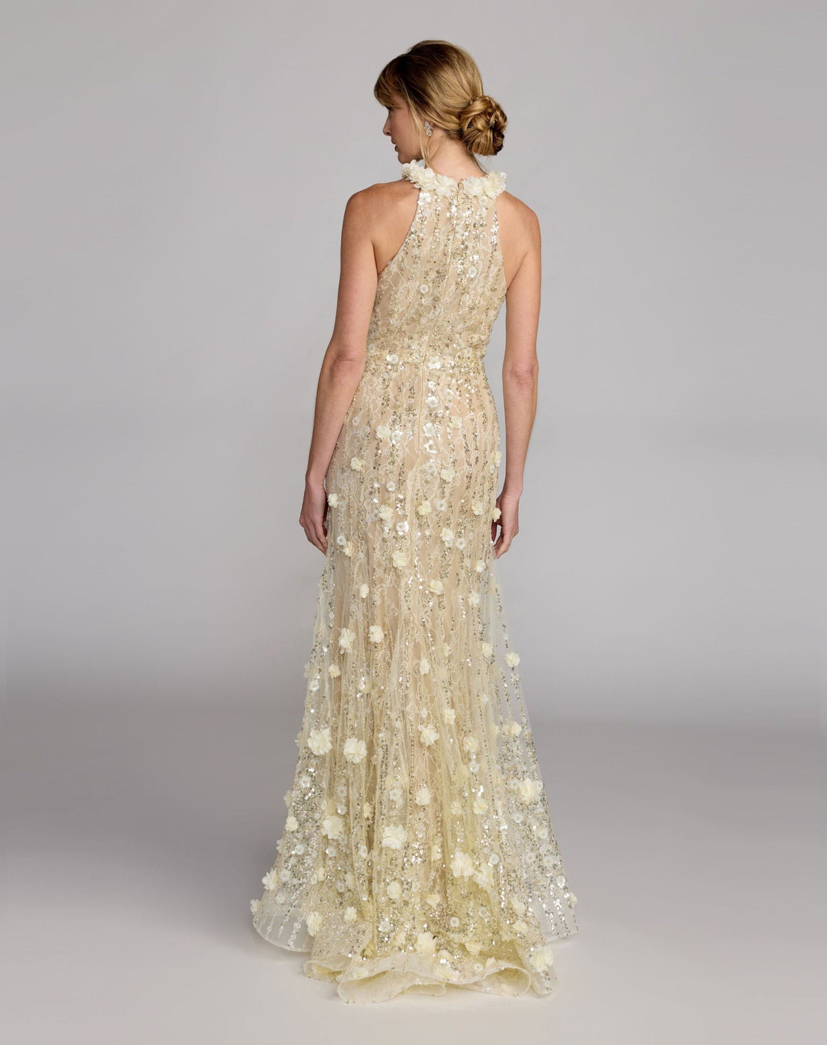 Full length back view of Mac Duggal 69189 butter embellished lace mermaid gown