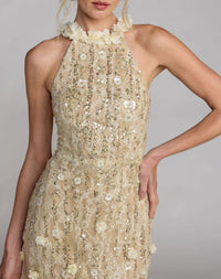 Close-up detail of halter neckline with 3D floral accents on Mac Duggal 69189 butter gown