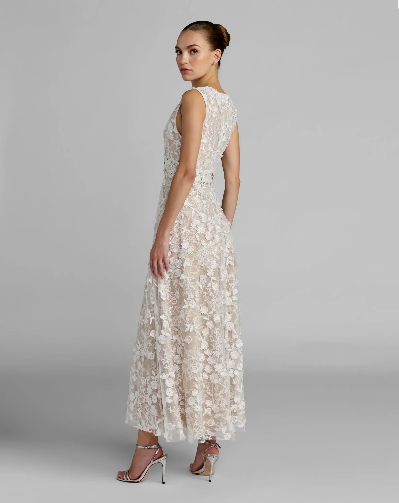 Mac Duggal Ivory White Floral Embroidered High Neck Midi Dress #69192