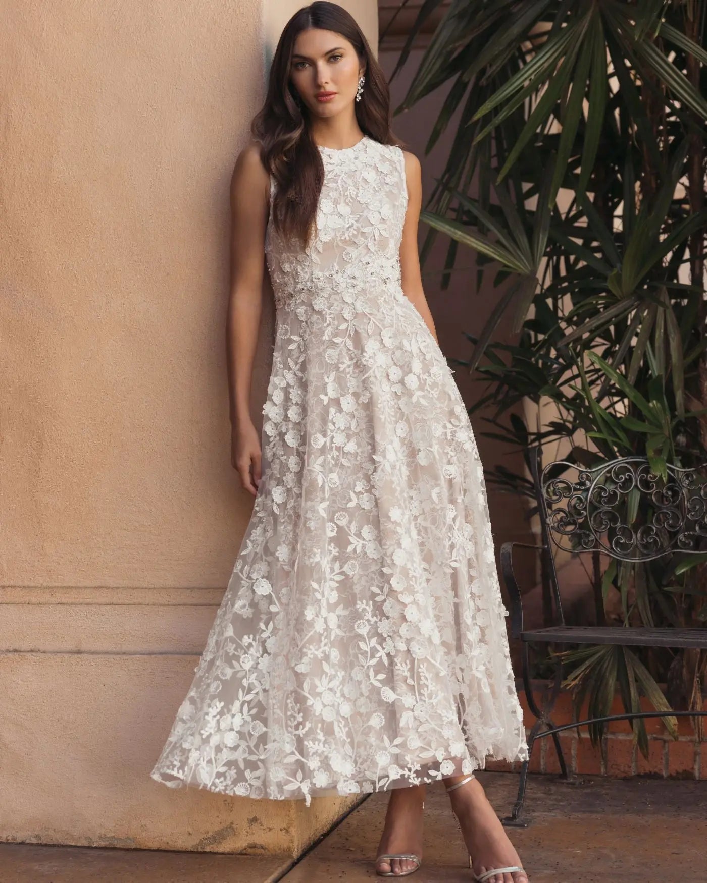 Mac Duggal Ivory White Floral Embroidered High Neck Midi Dress #69192