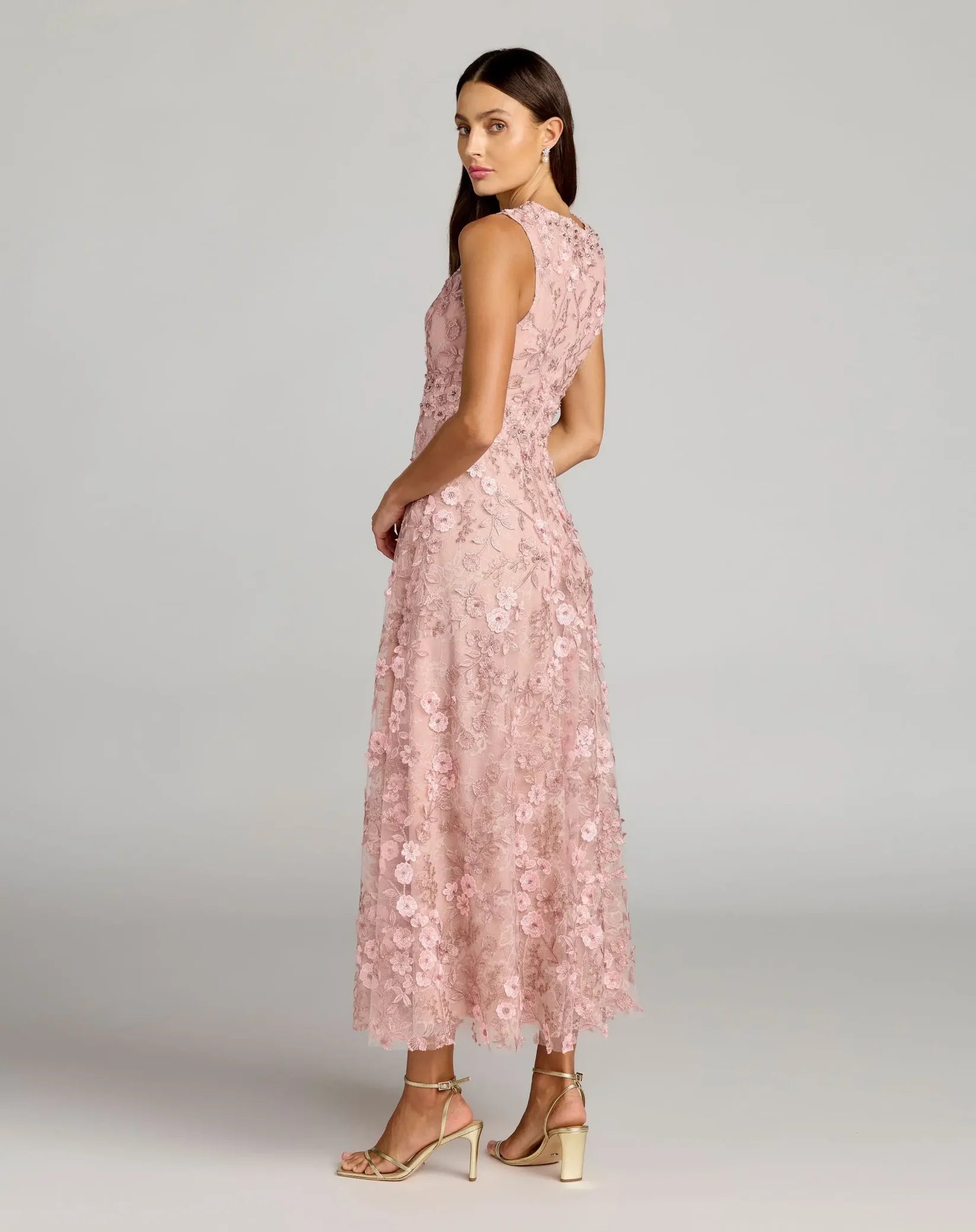 Mac Duggal Pink Floral Embroidered High Neck Midi Dress #69192