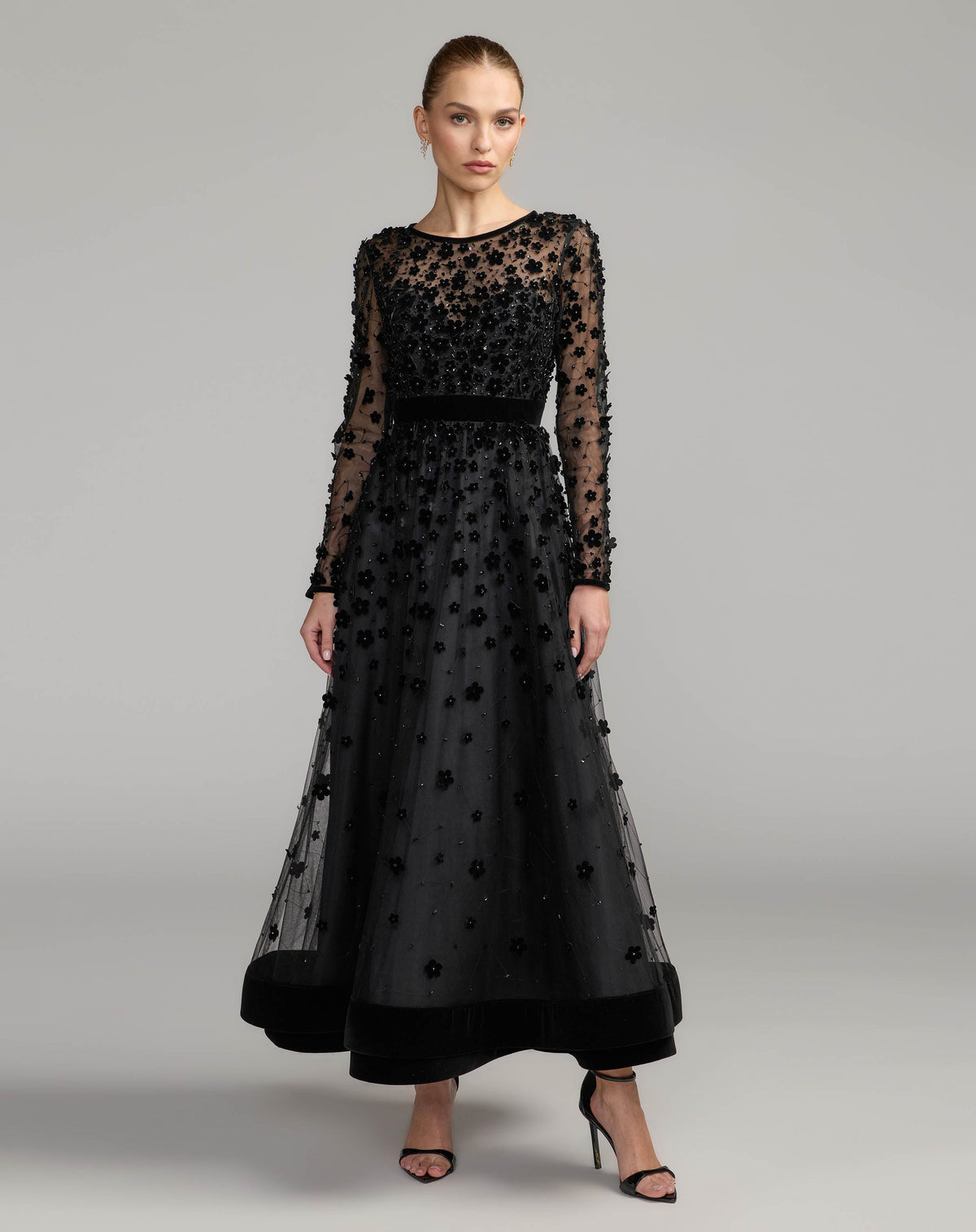Mac Duggal #69200 black velvet floral applique illusion dress