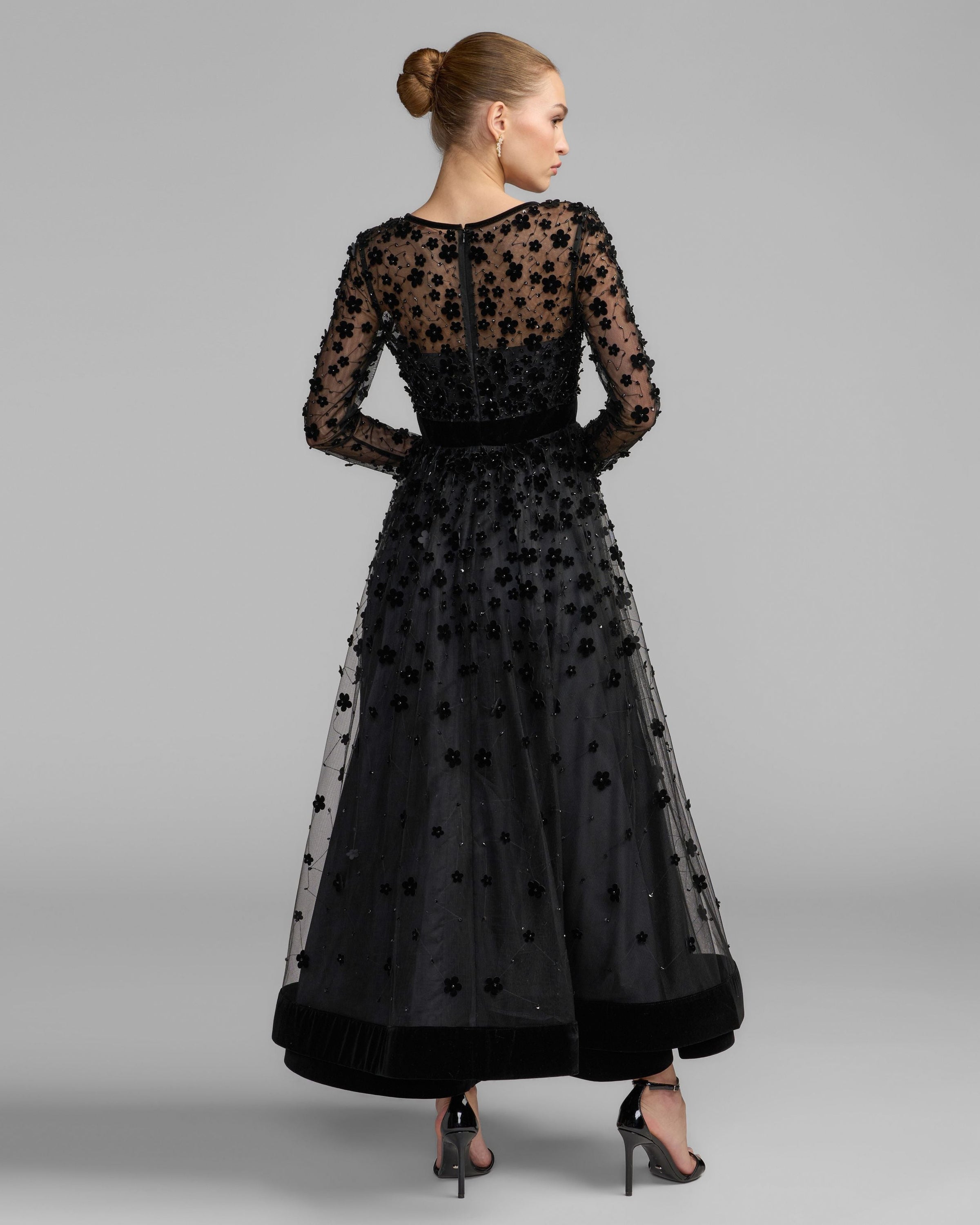 Mac Duggal #69200 black illusion long sleeve dress back view