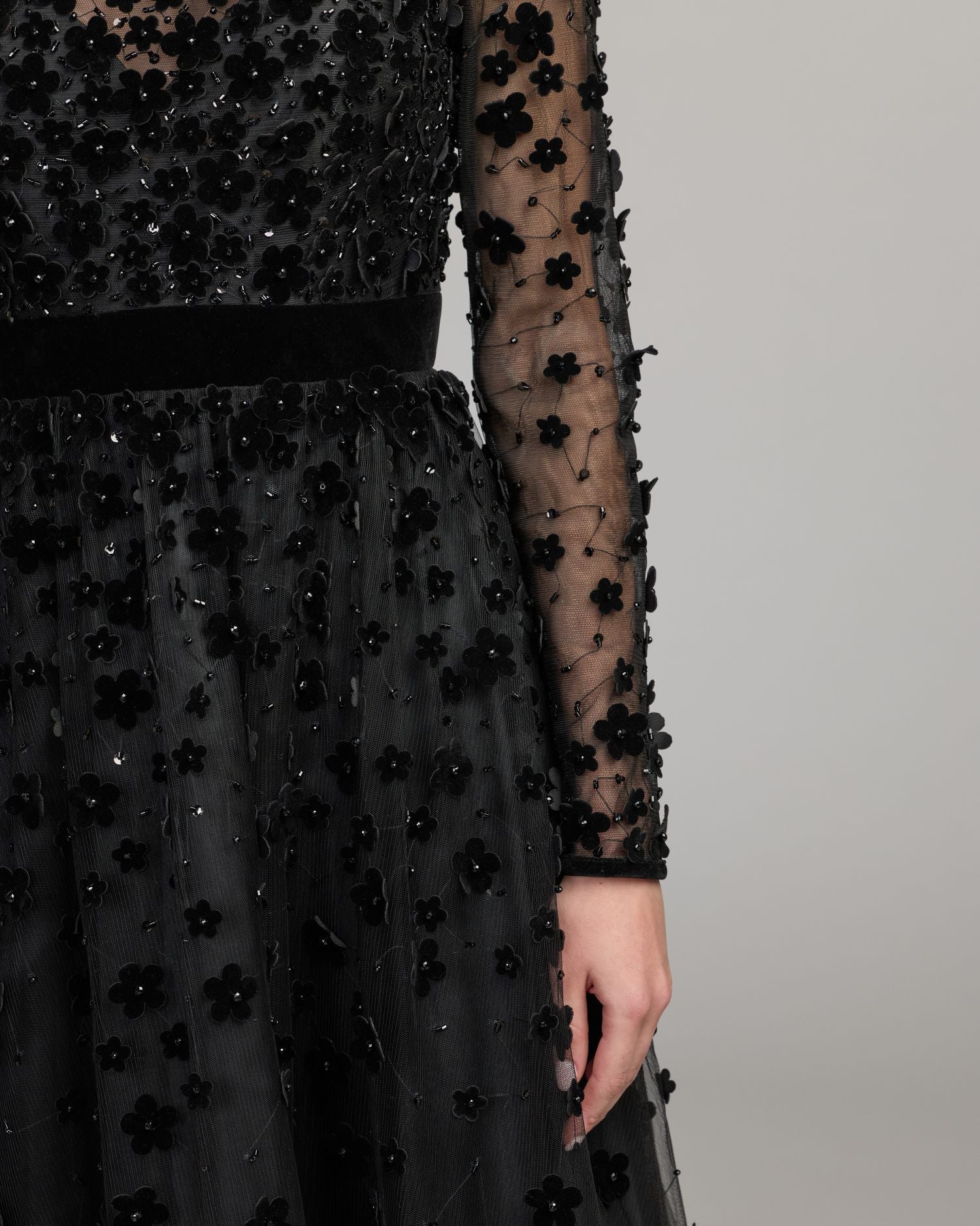 Mac Duggal #69200 black beaded floral embellishment detail