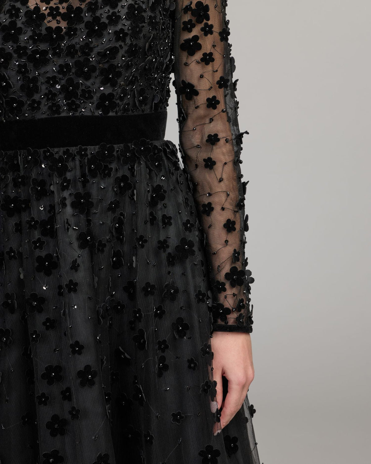 Mac Duggal #69200 black velvet floral appliqué midi dress detail