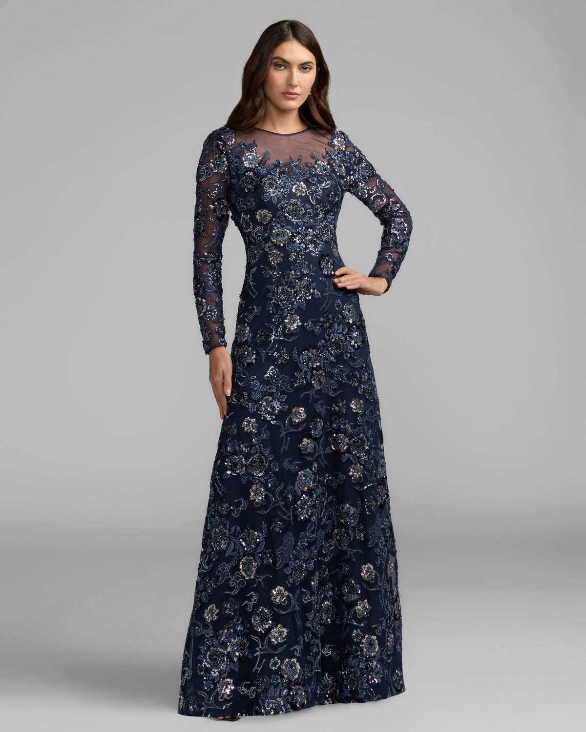 Mac Duggal #69212 midnight embellished floral long sleeve a-line gown