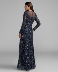 Mac Duggal #69212 midnight embellished floral long sleeve a-line gown back view