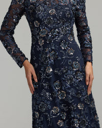 Mac Duggal #69212 midnight embellished floral long sleeve a-line gown close-up