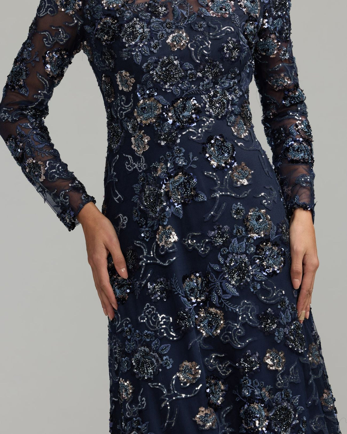 Mac Duggal #69212 midnight embellished floral long sleeve a-line gown close-up