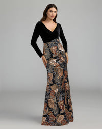 Mac Duggal #69223 black multi long sleeve floral embellished velvet gown