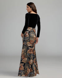 Mac Duggal #69223 black multi long sleeve floral embellished velvet gown