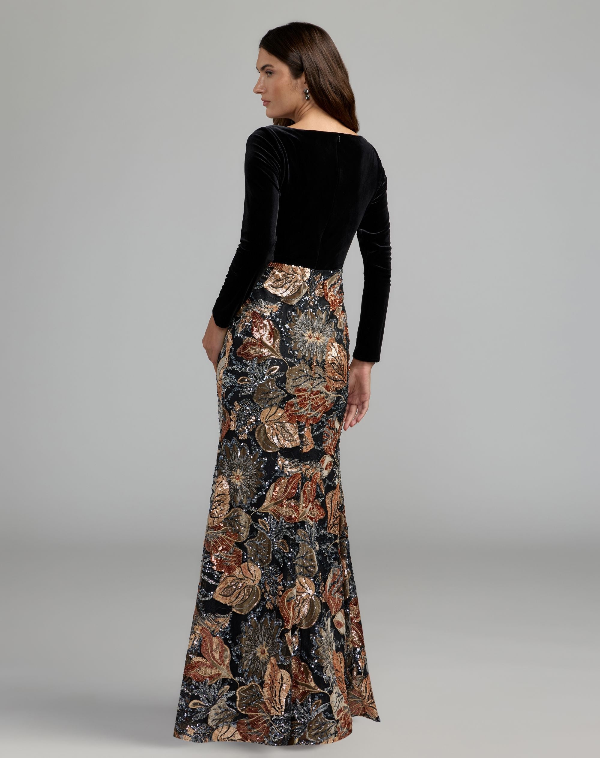 Mac Duggal #69223 black multi long sleeve floral embellished velvet gown