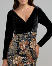 Mac Duggal #69223 black multi long sleeve floral embellished velvet gown