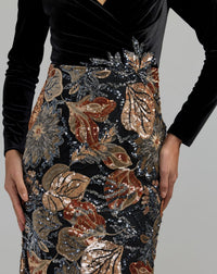 Mac Duggal #69223 black multi long sleeve floral embellished velvet gown