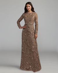 Mac Duggal 69231 Toasted Almond long sleeve floral embellished lace gown - front