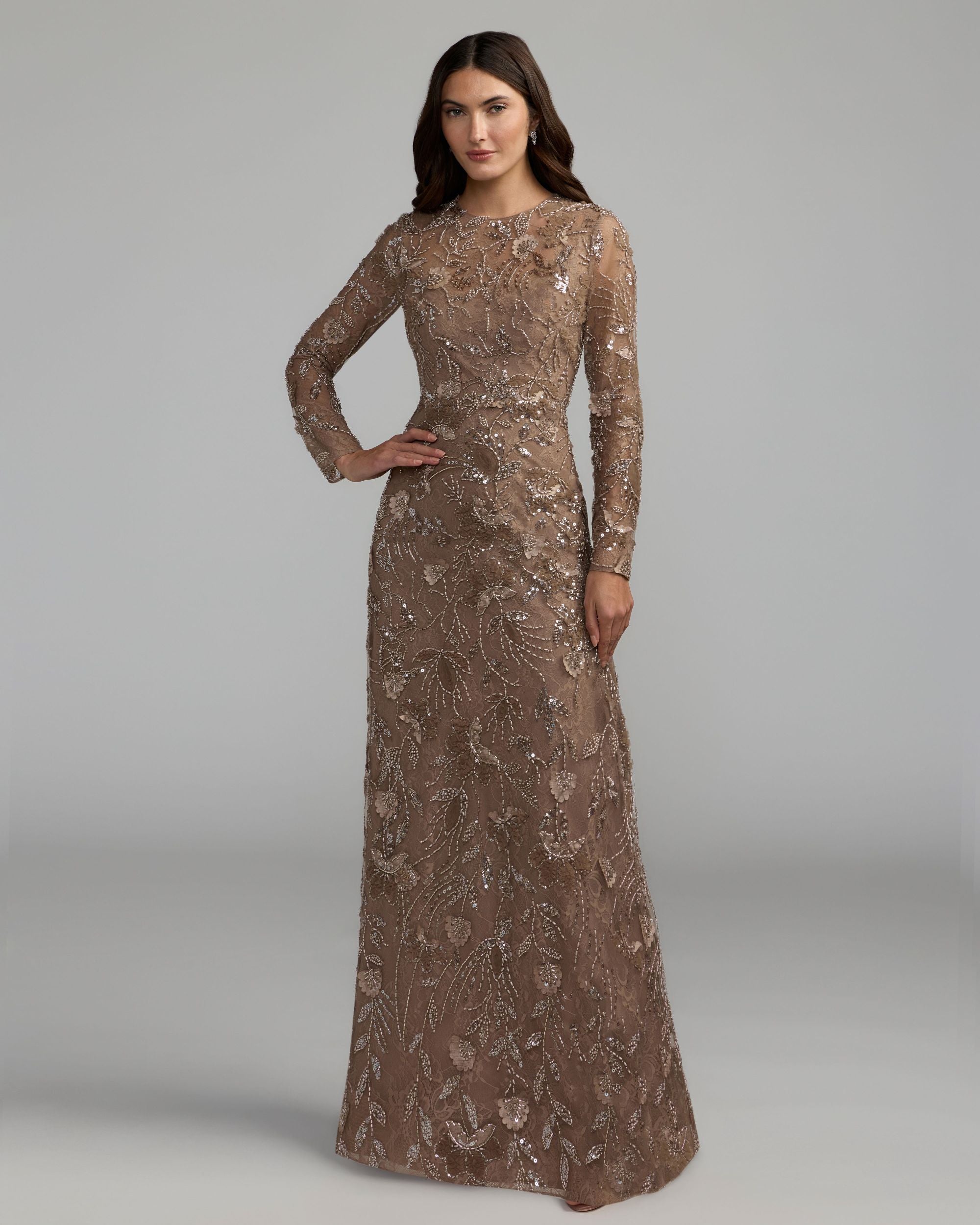 Mac Duggal 69231 Toasted Almond long sleeve floral embellished lace gown - front