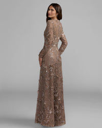 Mac Duggal 69231 Toasted Almond long sleeve floral embellished lace gown - back