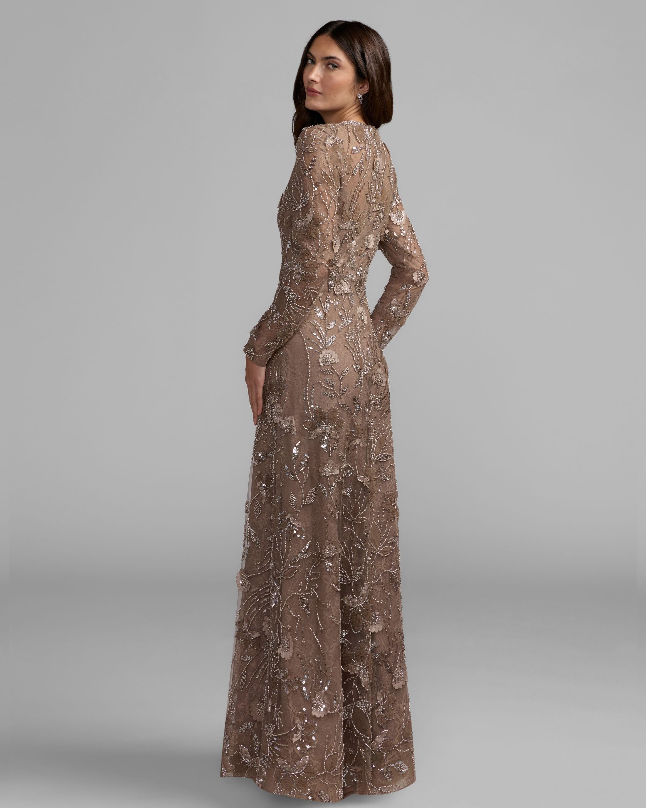 Mac Duggal 69231 Toasted Almond long sleeve floral embellished lace gown - back