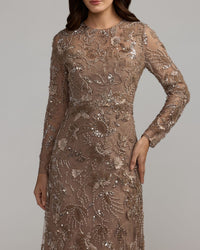 Mac Duggal 69231 Toasted Almond long sleeve floral embellished lace gown - detail