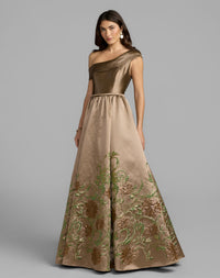 Mac Duggal 69237 beige floral off the shoulder ball gown — front