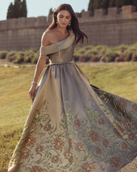 Beige Floral Off The Shoulder Ball Gown