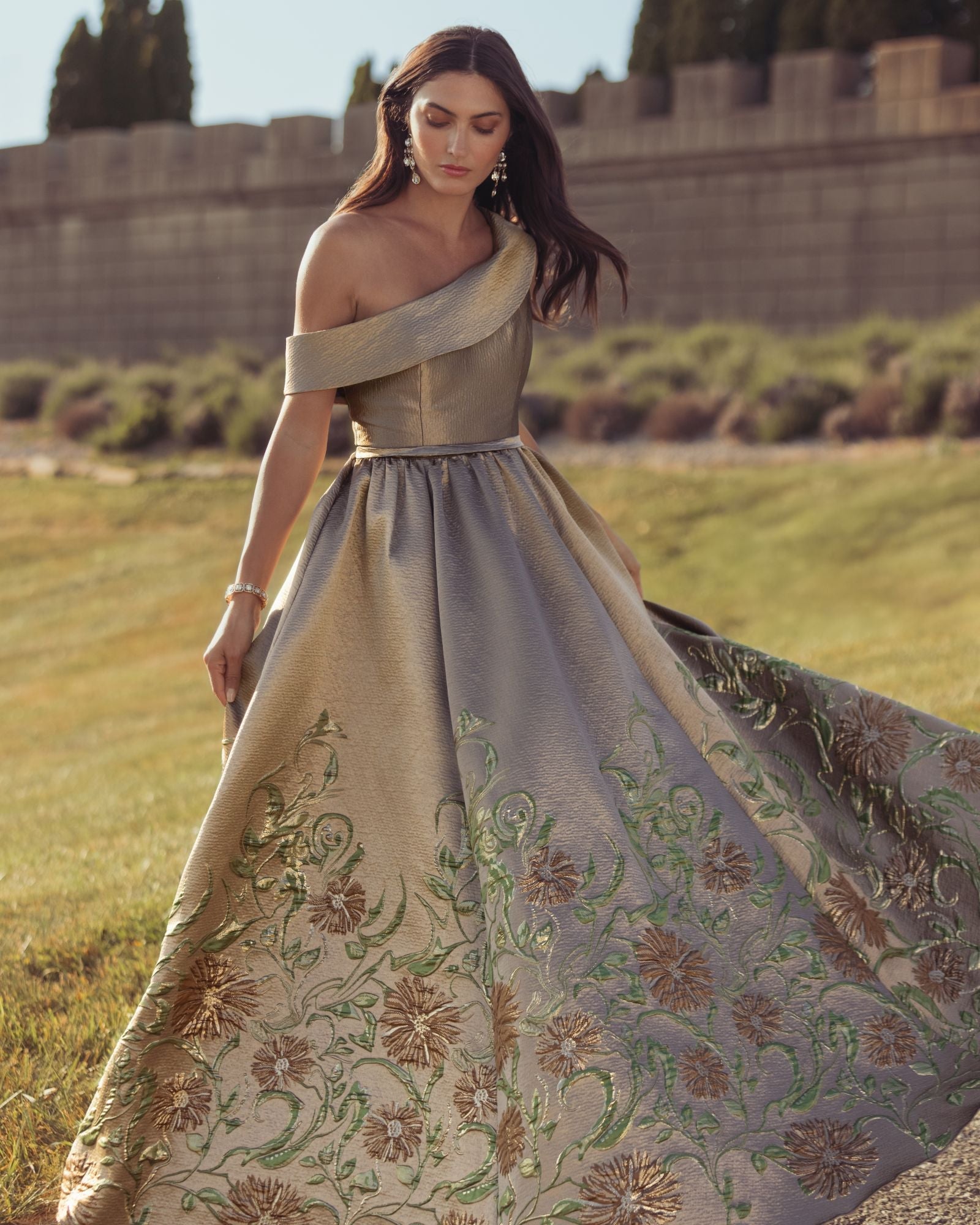 Beige Floral Off The Shoulder Ball Gown