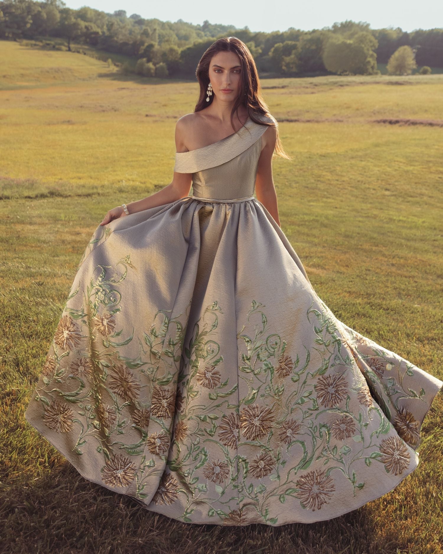 Beige Floral Off The Shoulder Ball Gown